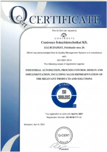 Controsys ISO 9001:2015 certificate